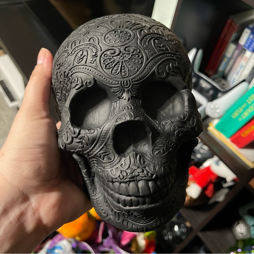 NEW Black Halloween Skull Embossed Engraved Carved Filigree Day of the Dead